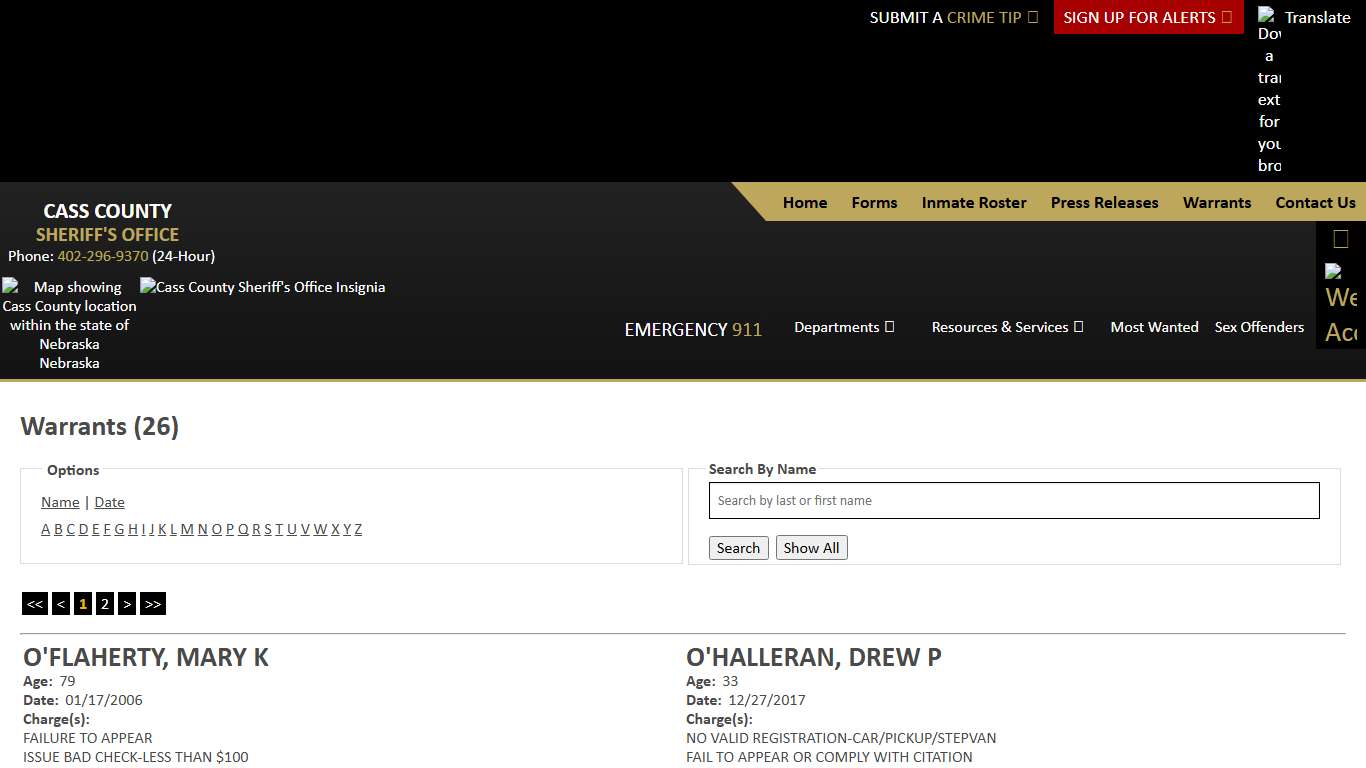 Warrants - Alpha O - Cass County NE Sheriff's Office